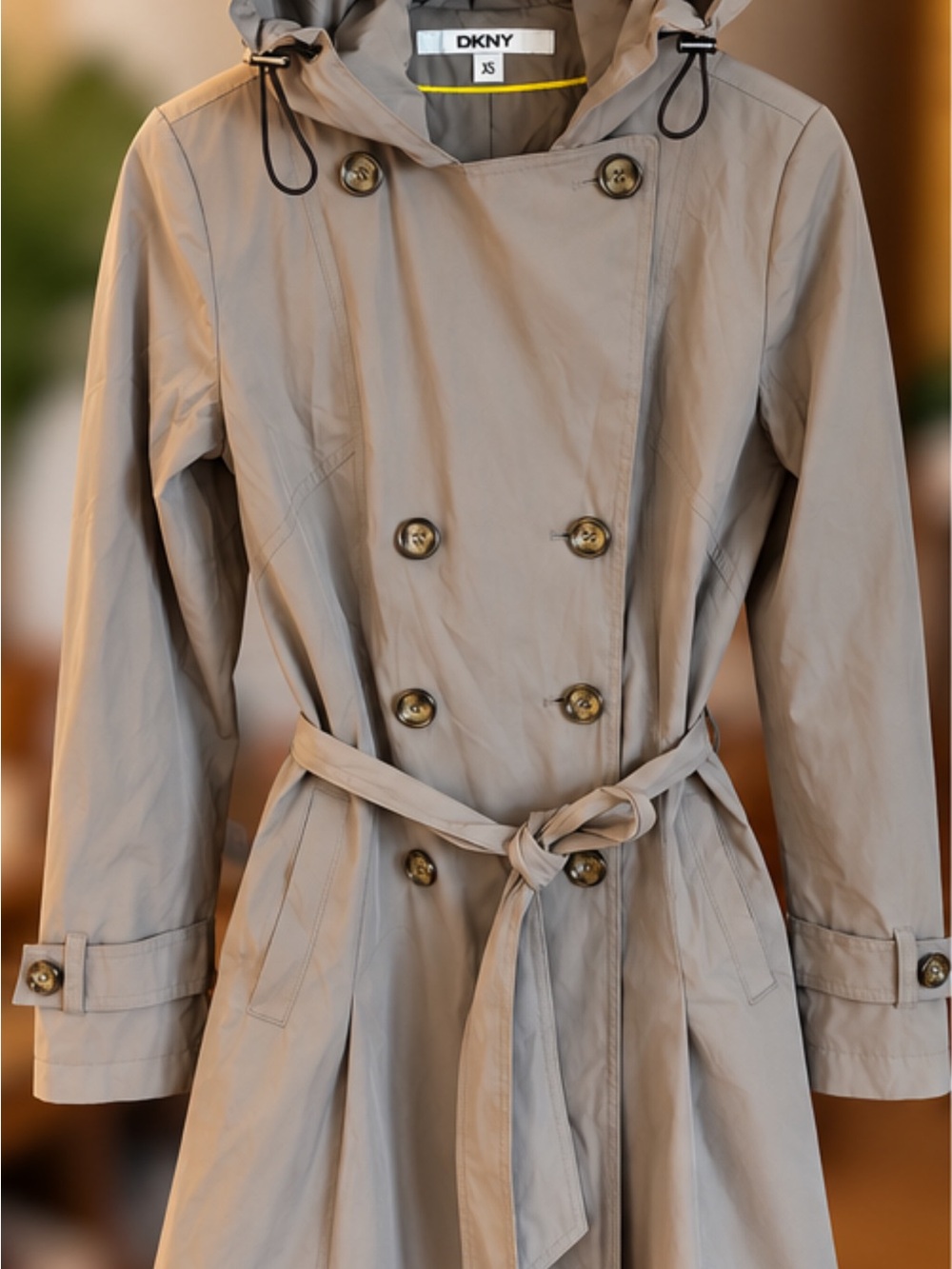 DKNY Beige Double-Breasted Hooded Trench Coat